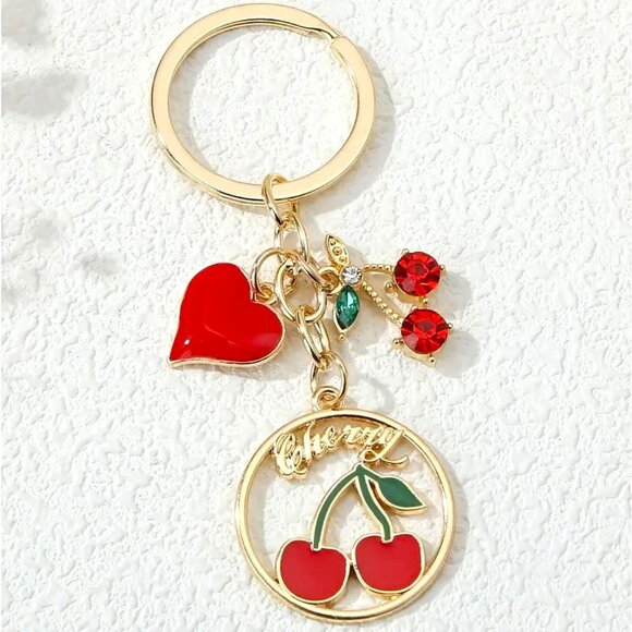 Cherry Bag Charm Keychain Purse Trendy Stylish Glam Bomb Y2K Fruit Gold Heart - Picture 1 of 4